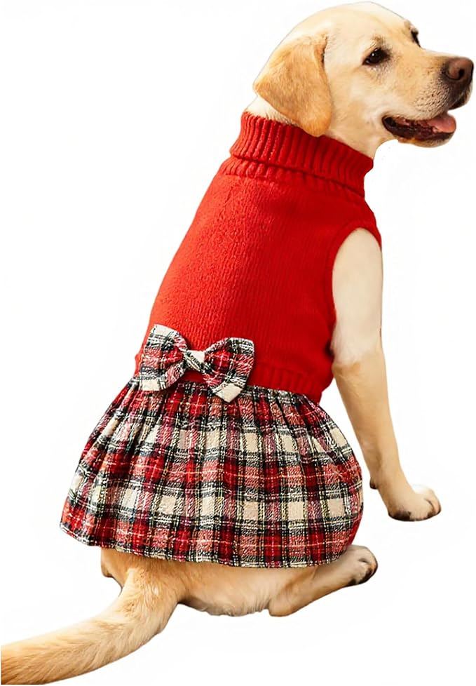 Lanyarco Burgundy Red Knitted Dog Sweater Dress, Plaid Dog Winter Clothes for Small Dogs Girl, Chihuahua Christmas Sweater, Maltese Cat Apparel, Red, X-Small (XS)