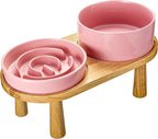 Ceramic Slow Feeder and Water Bowl Set for Small Dogs, Ceramic Dog Bowls Elevated with Wooden Stand, 0.6 Cups Dog Slow Feeder(14oz) and 30oz Water Bowl Set, Pink