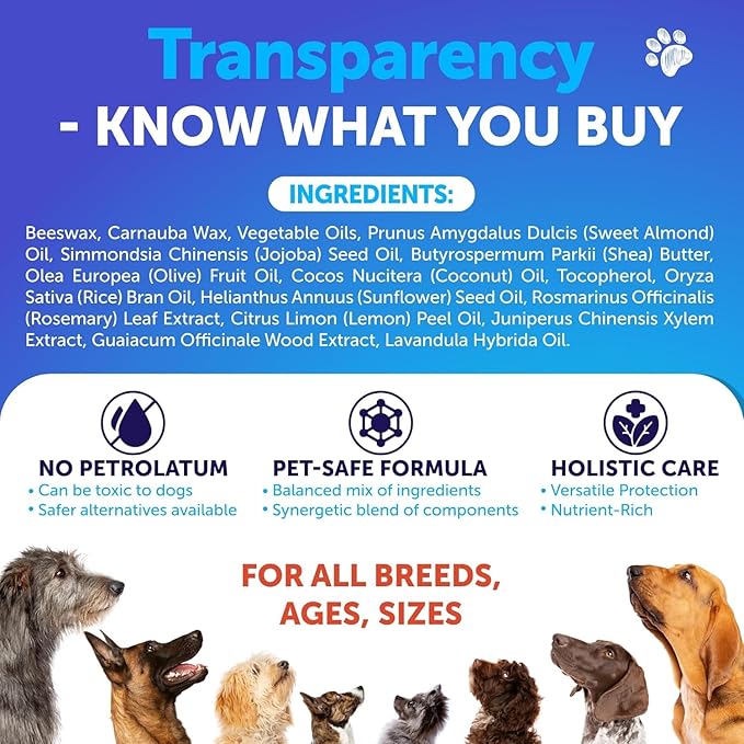 Dog Paw Balm - Lick Safe Snout Soother - Moisturizies, Soothes & Nourishes Irritated Paw Pads and Dry Nose - Protects from Cracks & Wounds - Dog Feet Balm with Waxes, Oils, Butter, Extracts - 2.1 Oz