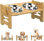 Elevated Dog Bowls, Adjustable Raised Dog Bowl Stand for Small Size Dogs and Cats, 15°Tilted Elevated Cat Bowls, Durable Bamboo Dogs Feeder with 2 Stainless Steel Bowls and Non-Slip Feet