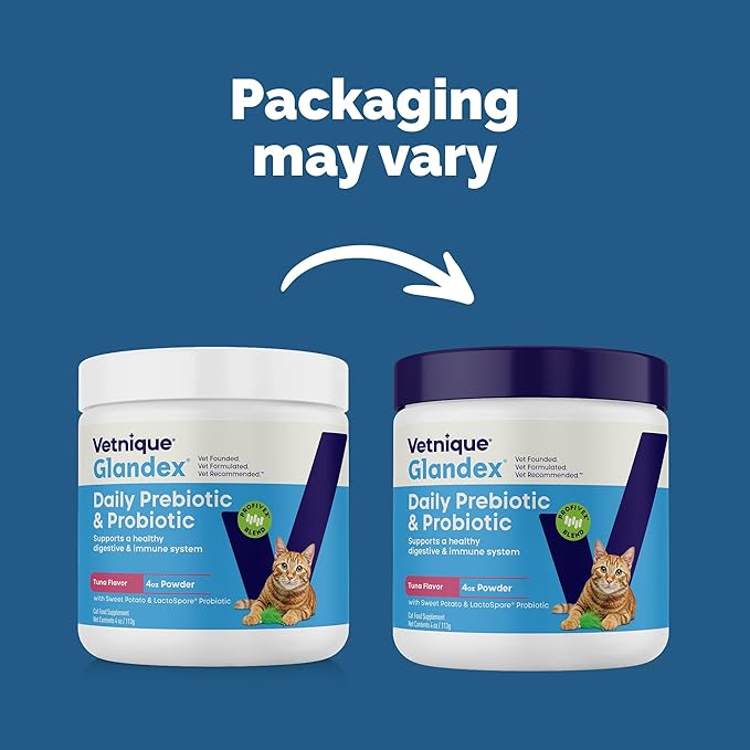 Vetnique Glandex Feline Anal Gland or Daily Probiotic Fiber Supplement Powder for Cats with Digestive Enzyme, Probiotics and Pumpkin, Vet Recommended for Healthy Bowels (4oz, Probiotic Powder - Tuna)