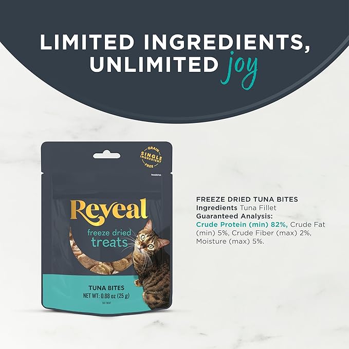 Reveal Natural Freeze-Dried Cat Treats, Single Ingredient, Grain Free, High Protein, Perfect for Training, Treating or Snacking, Tuna Fillet Bites (8 x 0.88 oz Bags)