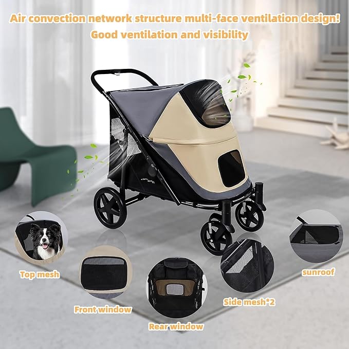 One-Click Folding Dog Stroller for 2 Dogs - 4 Wheel Jogger with Storage Pocket - Suitable for Pets Up to 110LBS (Beige & Grey)