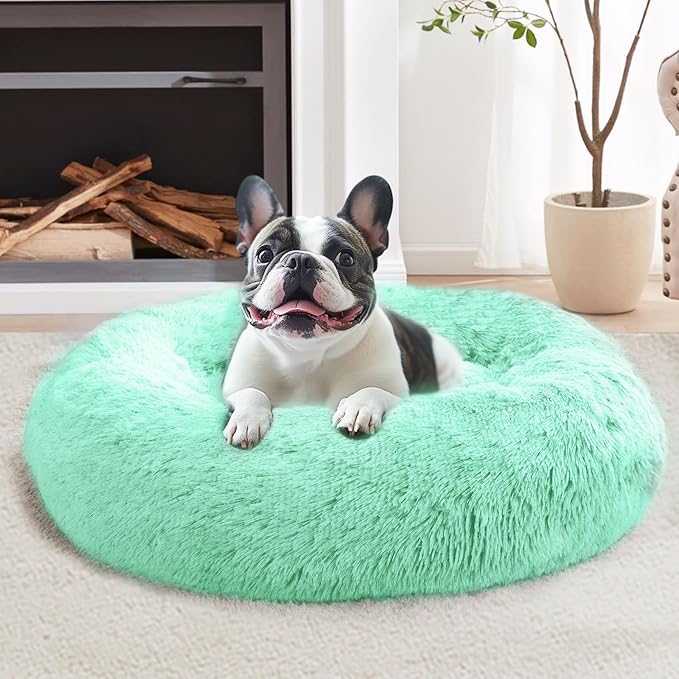 JOLLYVOGUE Calming Dog & Cat Bed for Small Dogs, Anti-Anxiety Donut Cuddler Cozy Soft Round Bed with Anti-Slip Bottom, Fluffy Faux Fur Plush Cushion Beds for Small Medium Pets (23")