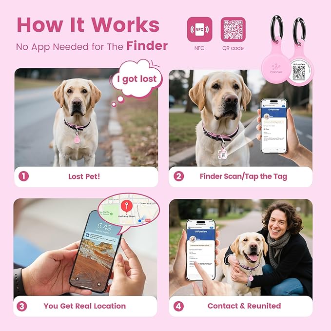 Dog ID Tag with QR Code & NFC, Silent Silicone Dog Name Tags Personalized for Pets - Scan QR for Instant Location Alert, Emergency Contact and Modifiable Pet Profile (Pink)