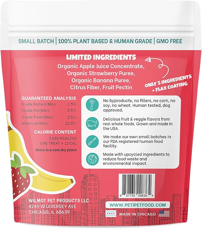 Bananas+Strawberries Plant-Based Fruit Dog Treats - Strawberry, Apple, Banana Soft & Chewy Treats - Healthy, Vegetarian, Vegan - Organic Ingredients, Low-Protein, Hypoallergenic, Gluten-Free