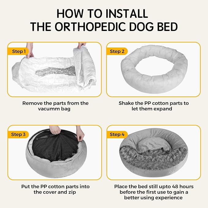 Cave Dog Bed with Blanket Donut Round Plush Cozy Cat Pet Bed for Puppy Machine Washable Removable Cover Cat Anti-Slip Bottom Gray 26X26X8 inch