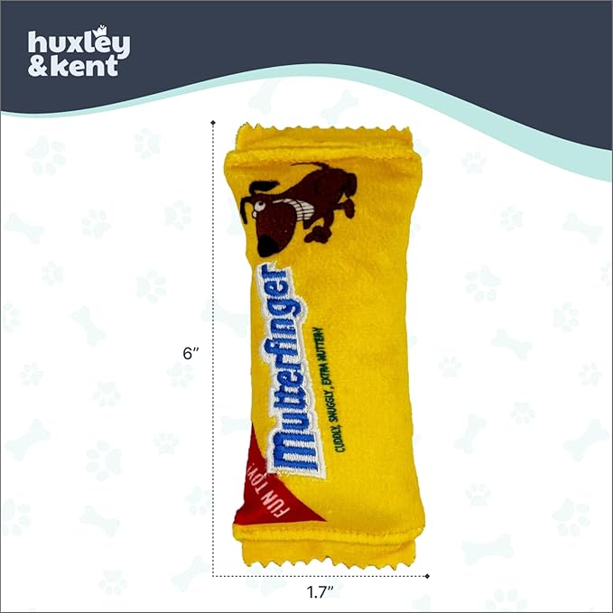 Huxley & Kent Funny Dog Toy w/Squeaker – Power Plush Squeaky Dog Toys for Small Dogs – Durable Small Stuffed Animal for Indoor Play & Fetch - Tiny Tuff Mutterfinger