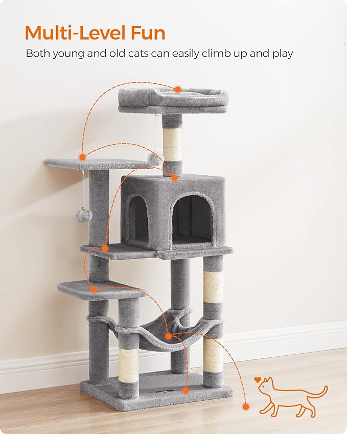 Feandrea Cat Tree, 44.1-Inch Cat Tower for Indoor Cats, Multi-Level Cat Condo with 4 Scratching Posts, 2 Perches, Hammock, Cave, Light Gray UPCT261W01