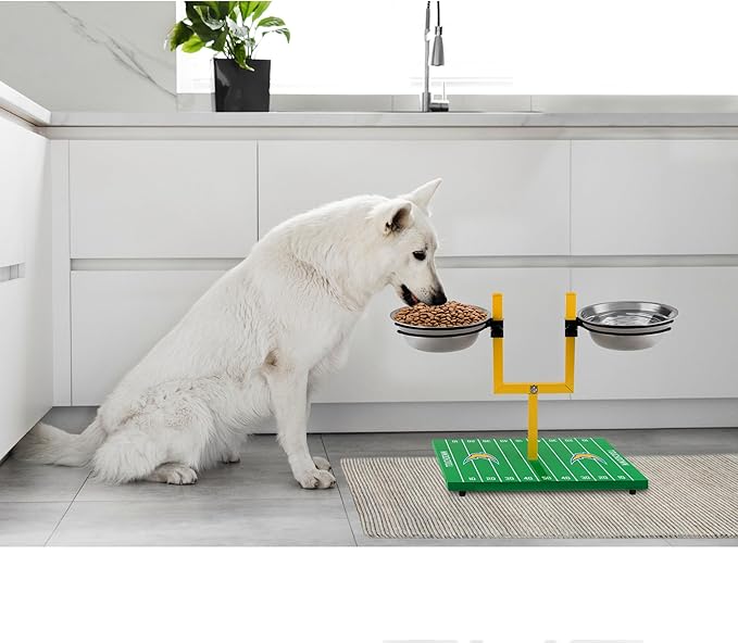 NFL Los Angeles Chargers Goalpost Football Field Dog Feeder – Adjustable Elevated Dog Bowls with Stand, 2 Stainless Steel Bowls, Non-Slip Rubber Feet, Raised Pet Feeder for Large & Small Dogs, Cats.