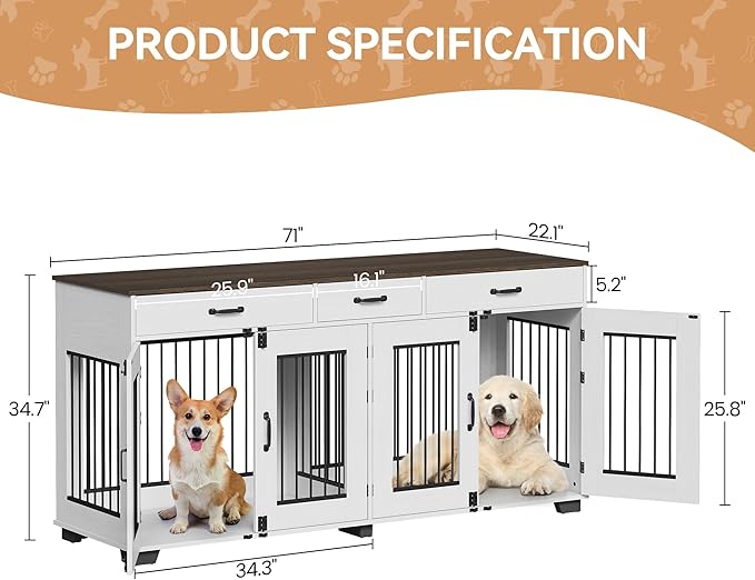 71'' Double Dog Crate Furniture, Large Dog Kennel Indoor with 3 Storage Drawers and Removable Divider for 2 Dogs, Heavy Duty Decorative Dog House TV Stand Side Table for Medium Large Dogs, White