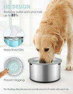 1Gallon Large Dog Water Bowl No Spill, [Anti Digging Lid & Rubber Bottom] Spill Proof Dog Bowl, Anti Splash Mess Dripless Slow Drinking Stainless Steel Water for Sloppy Messy Drinkers Car