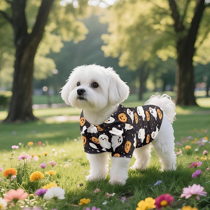 Dog Halloween Shirt Ghost Puppy Clothes Breathable Polyester Pet Doggy Shirts Puppy Outfit Apparel Coats for Pet Dog Cat Doggie Shirt Summer Cat Apparel for Yorkie Chihuahua