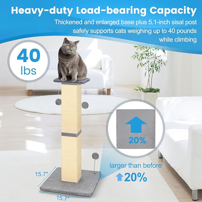 Cat Scratching Post 33'' Cat Scratching Posts for Indoor Cats Adults, Nature Sisal Tall Cat Scratch Post, Sisal Cat Scratcher Improve Cat's Scratching Habits and Protect Your Furniture, Grey
