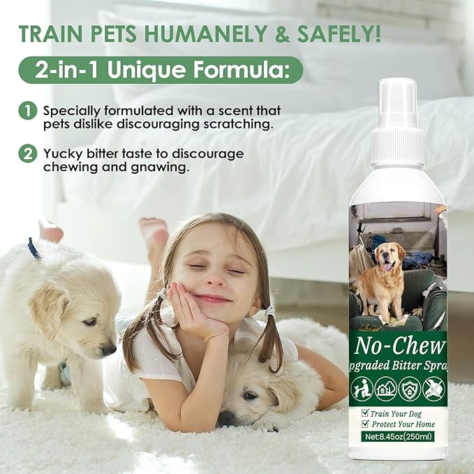 250ml No Chew Spray for Dogs, Bitter Apple Spray for Dogs Stop Chewing Licking of Furniture, Shoes, Bandages, Effective Indoor/Outdoor Dog Anti Chew Deterrent Training & Behavior Aids