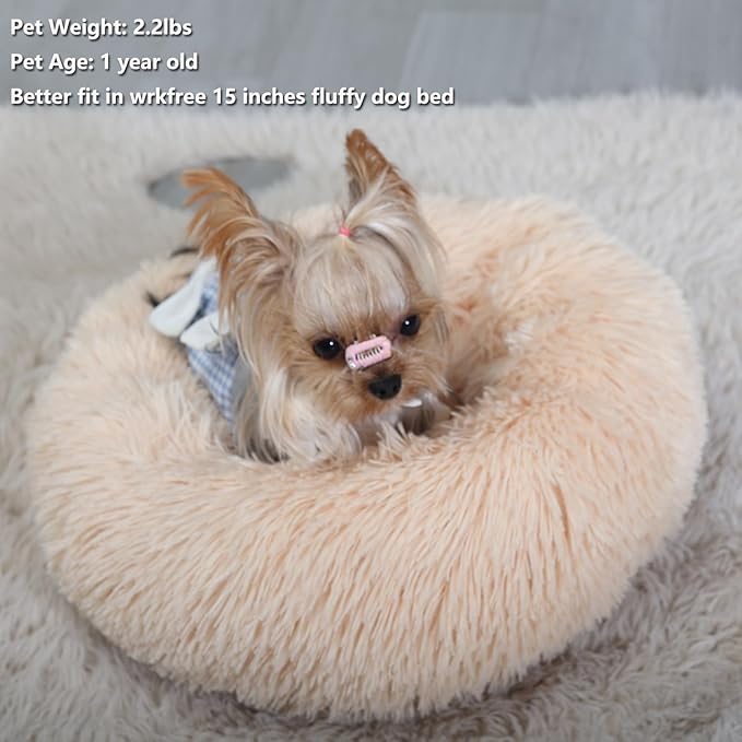 Light Brown Dog Bed Washable,Fluffy Dog Beds for Small Dogs 15 inches Donut Soft Small Pet Bed,Calming Anti Anxiety Round Fits up to 5 lbs Warm Comfort Pets Beds for Puppy Dogs Indoor