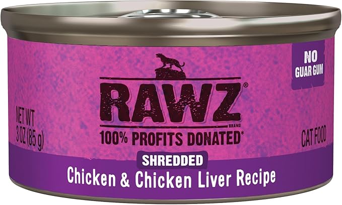 Rawz Natural Premium Shredded Canned Cat Wet Food - Grain Free Made with Real Meat Ingredients No BPA or Gums - 3oz Cans - 18 Count (Chicken & Chicken Liver)
