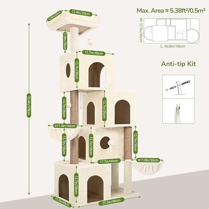 Globlazer Large Cat Tree Condos for Indoor Cats Large Adult, 70inch Tall Cat Tree Condo Tower with 4 Spacious Cat Condo Houses, 3 Sisal Scratching Posts, 2 Adjustable Hanging Baskets, F70C, Beige