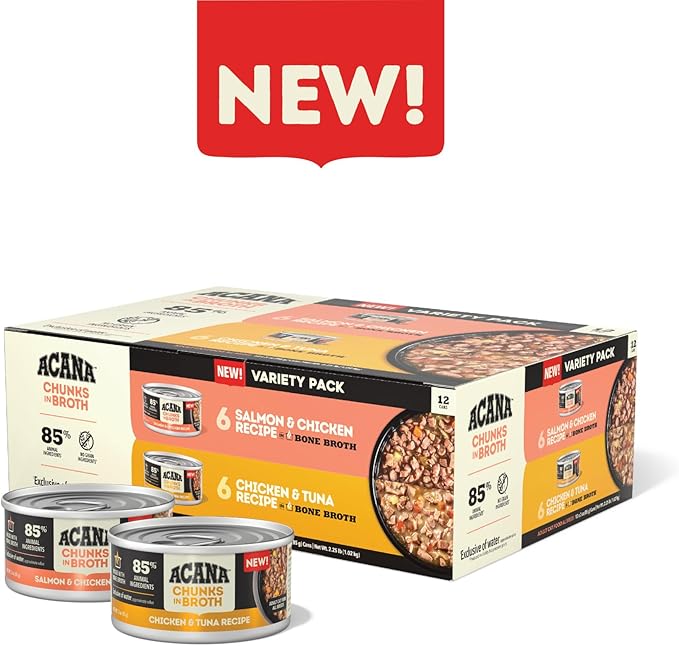 ACANA Chunks in Broth Wet Cat Food Variety Pack: Salmon & Chicken + Chicken & Tuna Recipes 3oz Cans (12 Count, 6 of Each)