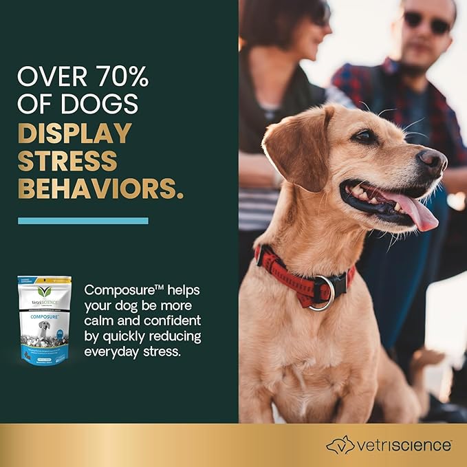 VETRISCIENCE Calm & Confident Chews, Composure Clinically Tested Calming and Anxiety Supplement for Dogs, Reduce Stress and Fear, Ideal for Thunderstorms, Fireworks and Travel, Chicken, 60 Count