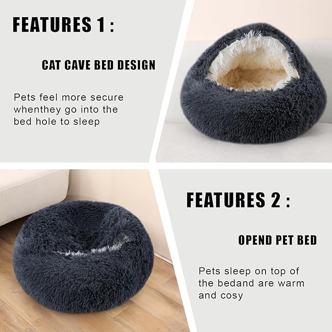 Calming Dog Beds & Cat Cave Bed with Hooded Cover,Washable Round Beds for Small Medium Pets,Anti-Slip Faux Fur Fluffy Coved Bed,Comfortable Warming Pet Bed(24 * 24inch,Dark Gray)