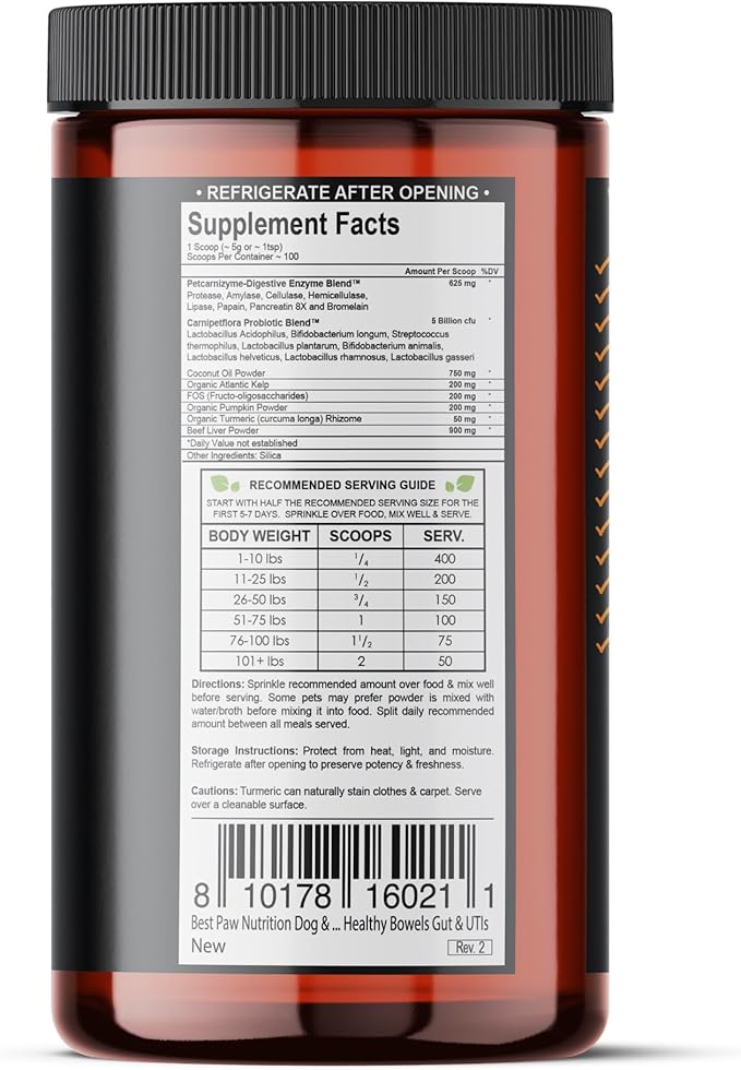 Dog & Cat Premium Probiotic Prebiotic & Digestive Enzymes 5 Billion CFU Organic Turmeric Coconut Oil Pure Pumpkin & Kelp for Healthy Bowels Gut & UTIs Beef Liver Flavor