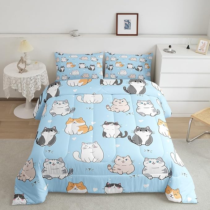Erosebridal Kawaii Cat Bedding Queen for Girls Rainbow Kitten Comforter Set Cute Pet Bedding Comforter Sets Kids Cartoon Animal Duvet Insert Pastel Blue Quilted Duvet with 2 Pillow Shams Lightweight