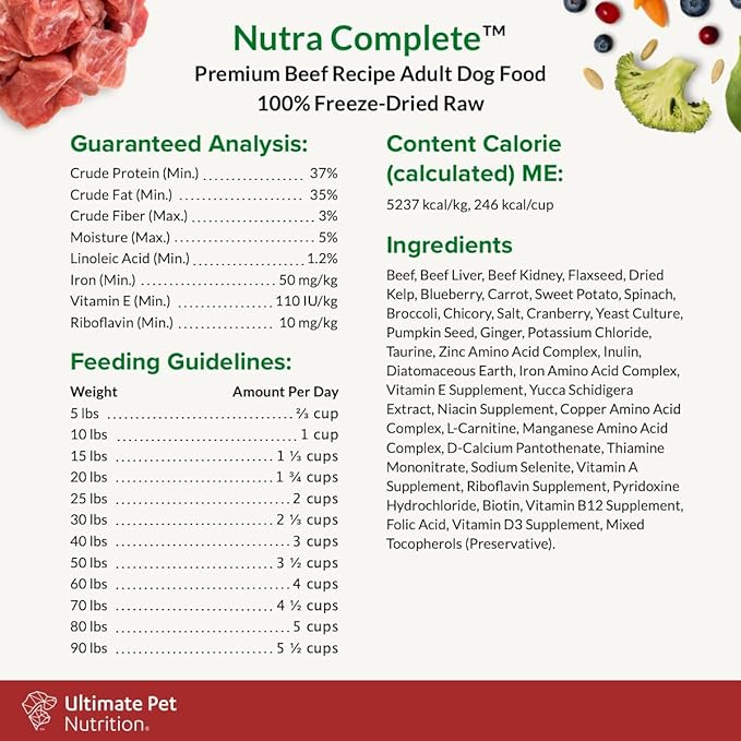 ULTIMATE PET NUTRITION Nutra Complete Freeze Dried Raw Dog Food, Veterinarian Formulated with Antioxidants, Prebiotics & Amino Acids (3 Pound, Beef)