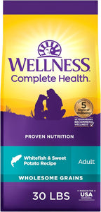 Wellness Complete Health Dry Dog Food with Grains, Natural Ingredients, Made in USA with Real Meat, All Breeds, For Adult Dogs (Whitefish & Sweet Potato, 30-Pound Bag)
