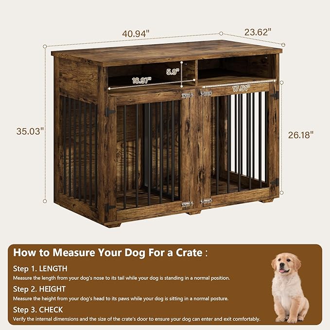 Furniture Dog Crate for Two Dogs, 41 Inch Furniture Style Dog Kennel with Removable Divider and Thickened Desktop, Heavy-Duty Base for Small to Medium Dogs, Rustic Brown