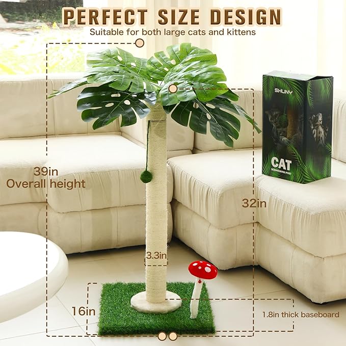 SHUNY Cat Scratching Post,35 Inch Tall Cat Scratching Posts for Indoor Cats,Nature Sisal Cat Scratcher Post with Hanghing Ball,Palm Tree Cat Scratch Post for Indoor Adult Cats and Kittens