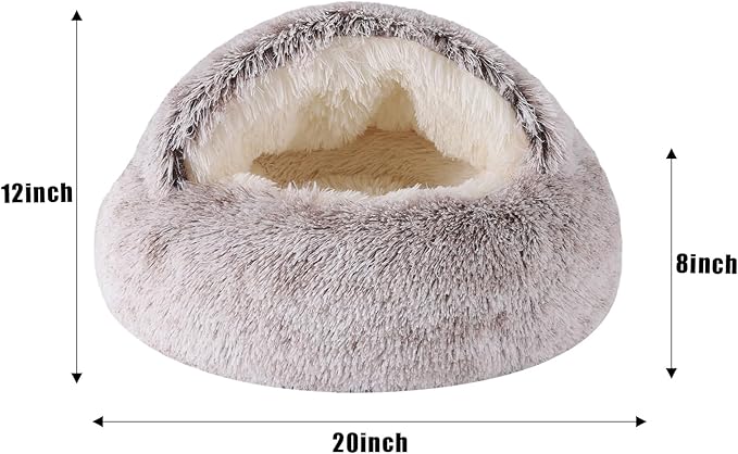 Round Hooded Cat Bed & Dog Bed with Cover Cave, Dog Bed for Small Dogs, Faux Fur Cuddler Round Coved Cat Bed Self Warming Donut Dog Bed Fits up to 12 lbs Pets(Coffee, 20inch x 20inch)