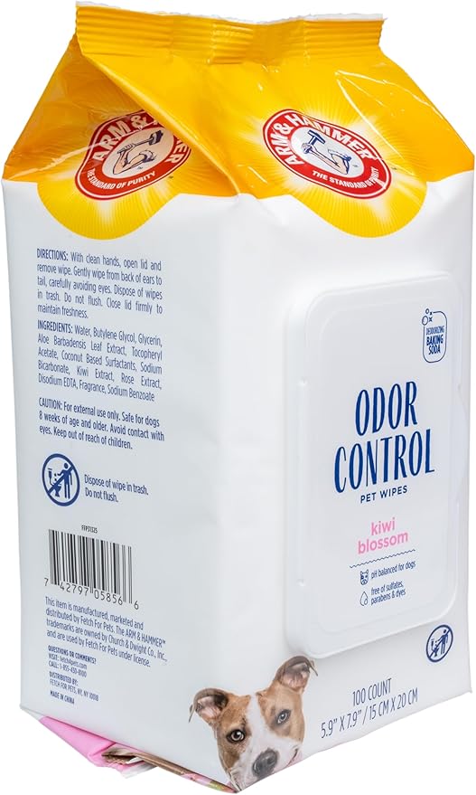 Arm & Hammer for Pets Odor Control Wipes for Dogs, Best Odor Eliminating Waterless Cleaning for Dogs & Puppies | Kiwi Blossom Scent, 100 Count - 3 Pack