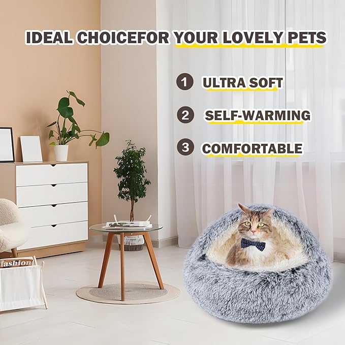 Cat Bed Calming Cat Beds,Indoor Washable Cat Bed，Anti-Slip Faux Fur Fluffy Cuddler Anxiety Cat Bed,Warming Cuddler Cushion Bed for Small Medium Dogs and Cats (Grey, 24 * 24inch)