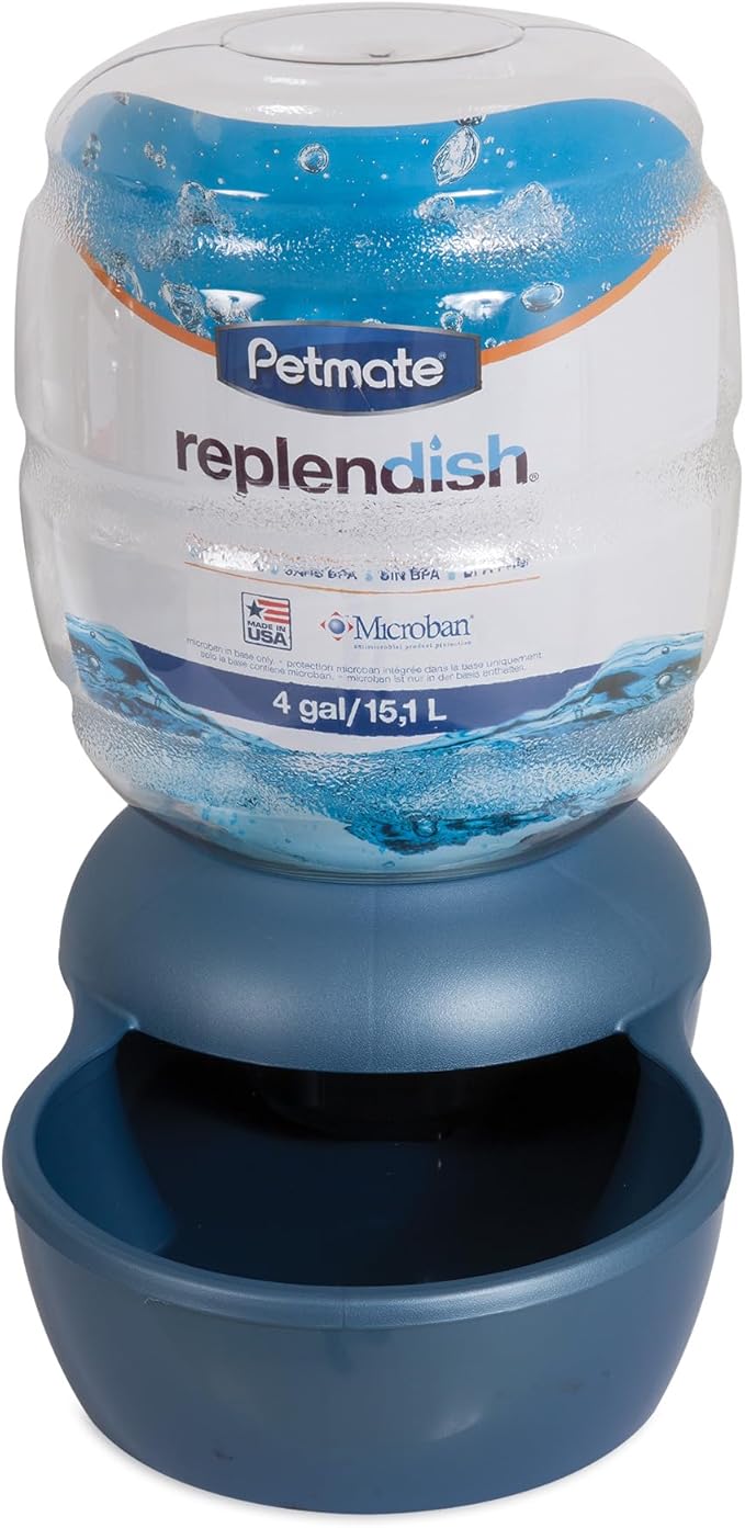 Petmate Replendish Automatic Gravity Waterer for Cats and Dogs, BPA-Free, No Batteries Required, Includes Charcoal Filter, 4 Gallons, Made in USA,Blue