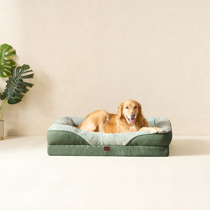 EHEYCIGA Memory Foam XXL Dog Bed for XLarge Sized, Extra Large Orthopedic Dog Sofa with Sides and Waterproof Liner, Washable Bolster Pet Couch with Removable Cover, 52x41x8 Inch, Green