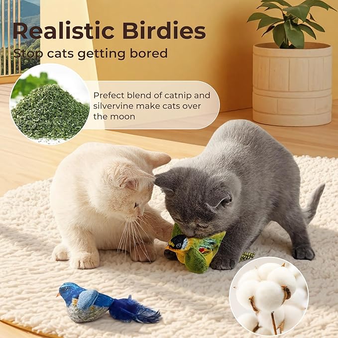 2-pack catnip cat toys that stimulate indoor cats' natural hunting instincts,Interactive plush bird toy with realistic chirping sounds to tease your cat (Green artificial bird + blue artificial bird)