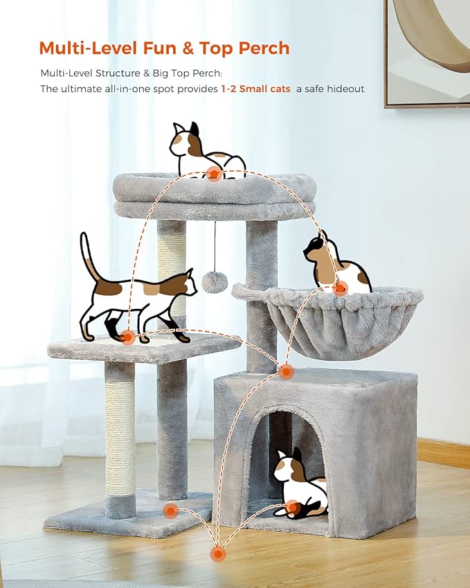 PEQULTI Small Cat Tree, [28.5''] Cat Tower for Indoor Cats, 2 Styles Activity Tree with Cat Scratching Posts, Big Hammock and Removable Top Perch Grey