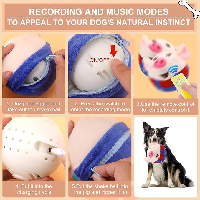 BABORUI Remote Control Interactive Dog Toys Pig, Jumping Squeaky Dog Toys with Recording and Music Modes, Rechargeable Moving Dog Chew Toys for Small/Medium/Large Dogs to Keep Them Busy(Red Pig)