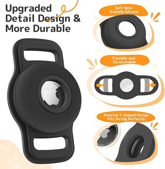 Airtag Dog Collar Holder: 3 Pack Soft Silicone Air Tag Holder for Pet Dogs Cats Collar, Sturdy AirTag Dog Tracker Protective Case, Pet Friendly Accessories Compatible with Apple Airtag, Black