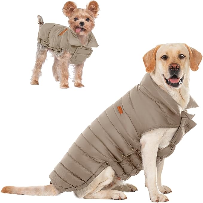 SPACE LION Puffer Jacket, Down Winter Coat, Waterproof, Windproof, Lightweight Jacket, Adjustable Fit for Medium Dogs(Khaki,L)
