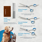 Professional Pet Grooming Kit 5-in-1 - Stainless Steel Trimming Scissors Set with Straight Hair Comb for Small and Large Pets