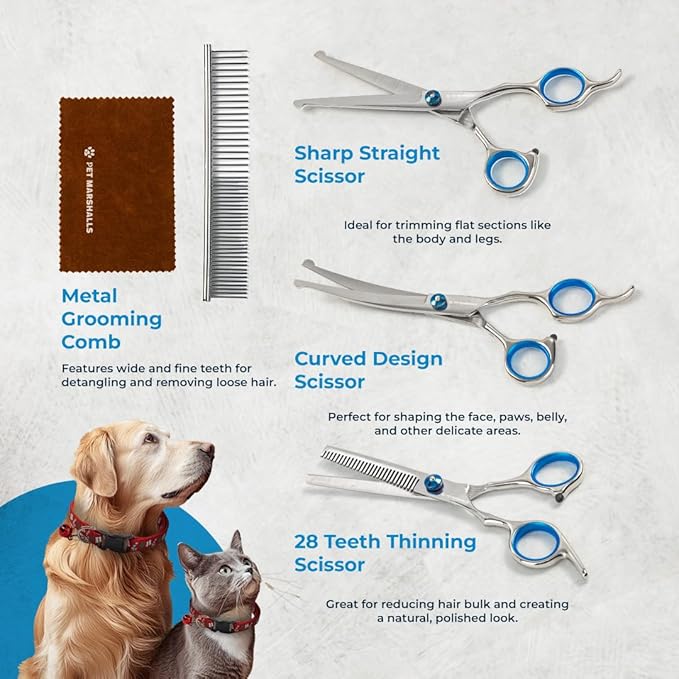 Professional Pet Grooming Kit 5-in-1 - Stainless Steel Trimming Scissors Set with Straight Hair Comb for Small and Large Pets
