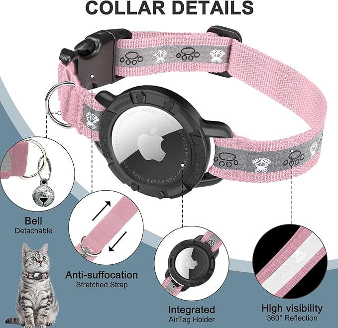 Reflective AirTag Cat Collar, Integrated Cat Tracker Collar with Air Tag Holder and Bell, Safety Elastic Band Cat GPS Collars for Girl Boy Cats, Kittens and Puppies (Pink, S)