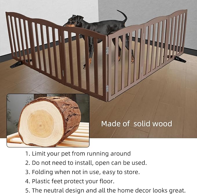 ZJSF Foldable Freestanding Indoor Dog Gate for House Wood Long Pet Gates Dog Fence for Stairs Puppy Gates for Hallways, Puppy Gate,Support Feet Included, Brown, 24 "Height-6 Panels