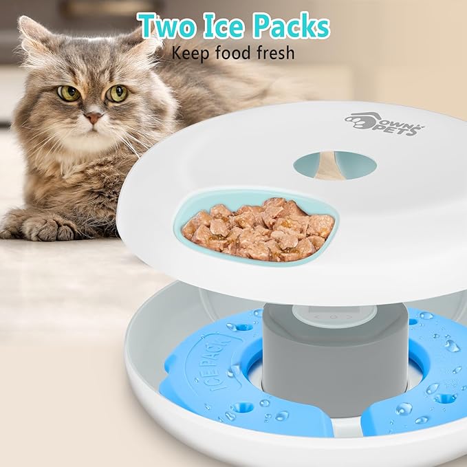 Ownpets 6 Meals Automatic Cat Feeder for Wet/Dry Food, with 2 Ice Packs, Programmable Timed Pet Feeder, Cordless Rechargeable Battery Auto Feeder for Cats/Small Dogs