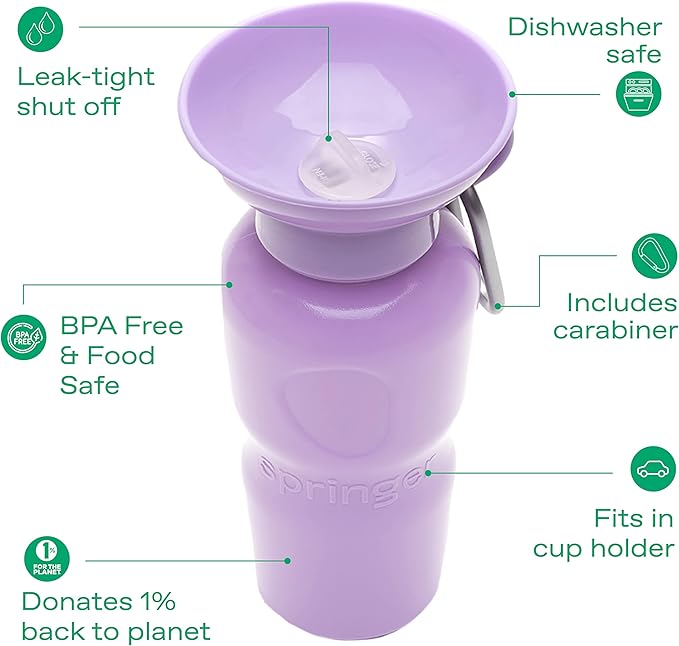Springer Dog Water Bottle | Portable Travel Water Bottle Dispenser for Dogs | Dog Gift Seen on Oprah's Favorite Things, Shark Tank | Leak-Proof Bottles Fill Bowl with Water | BPA-Free 22oz Lilac