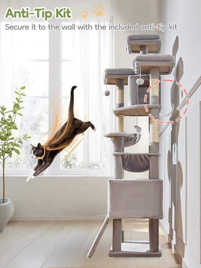 Taoqimiao 76-Inch Cat Tree with Scratching Posts,XXL Cat Tower for Large Cats with Cat Scratching Board,Extra-Large Metal Hammock,3 Perches, 2 Big Condos, Hanging Basket,MS047W,Light Gray