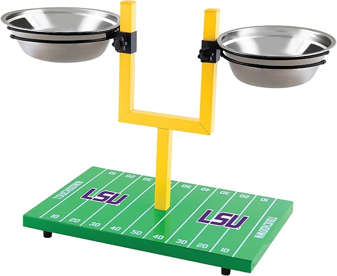 NCAA LSU Tigers Goalpost Football Field Dog Feeder – Adjustable Elevated Dog Bowls with Stand, 2 Stainless Steel Bowls, Non-Slip Rubber Feet, Raised Pet Feeder for Large & Small Dogs