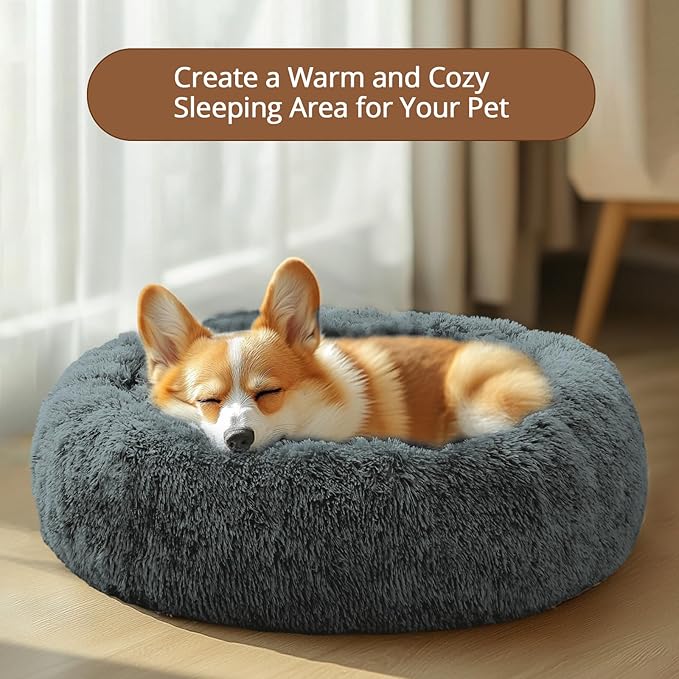 JOLLYVOGUE Calming Dog & Cat Bed for Small Dogs, Anti-Anxiety Donut Cuddler Cozy Soft Round Bed with Anti-Slip Bottom, Fluffy Faux Fur Plush Cushion Beds for Small Medium Dogs (27")